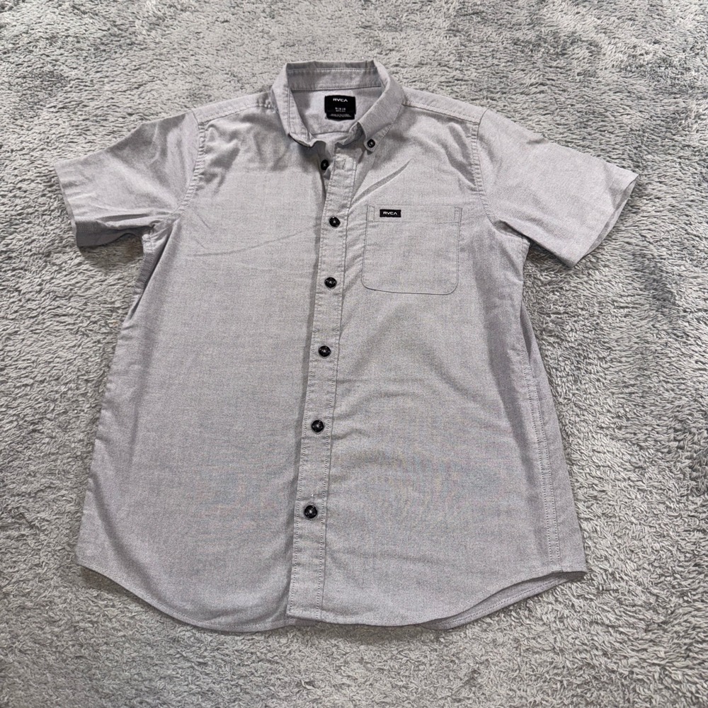 RVCA Boys Thatll Do Stretch Short Sleeve Button Down Shirt M Grey Heather Slim